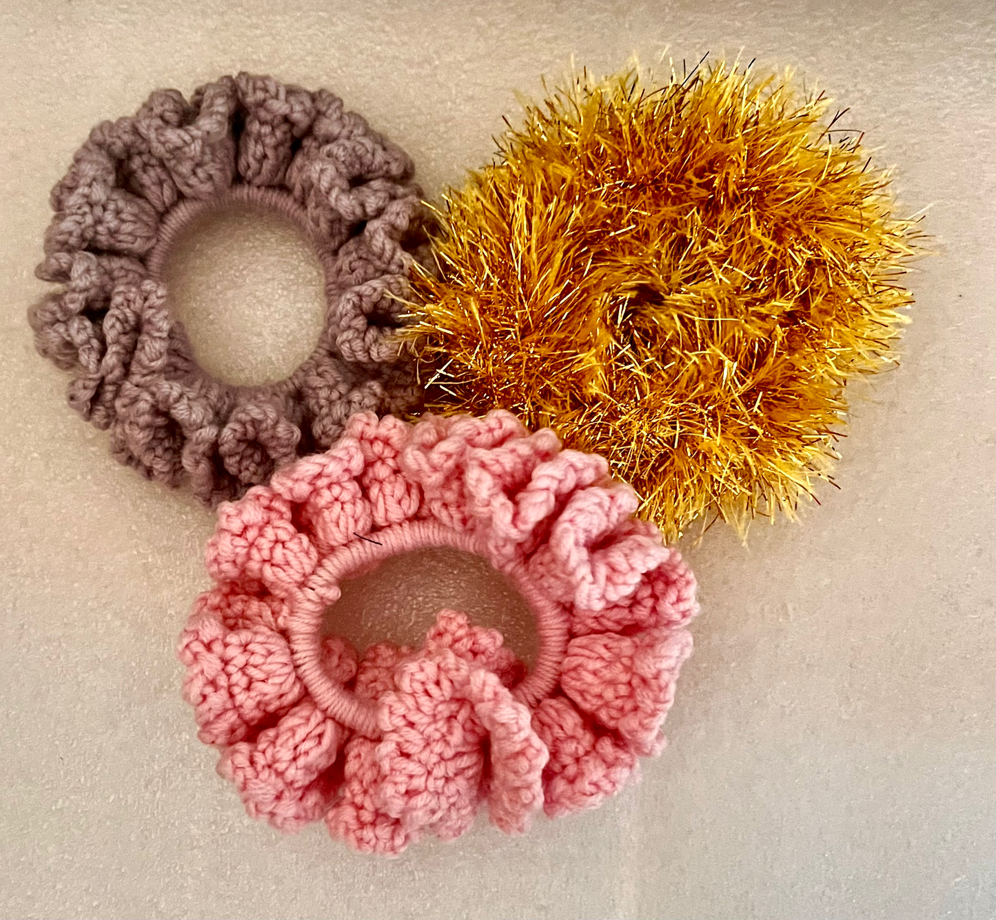 Handmade Gold / pink/ grey Crochet Scrunchies -set of 3 image 0