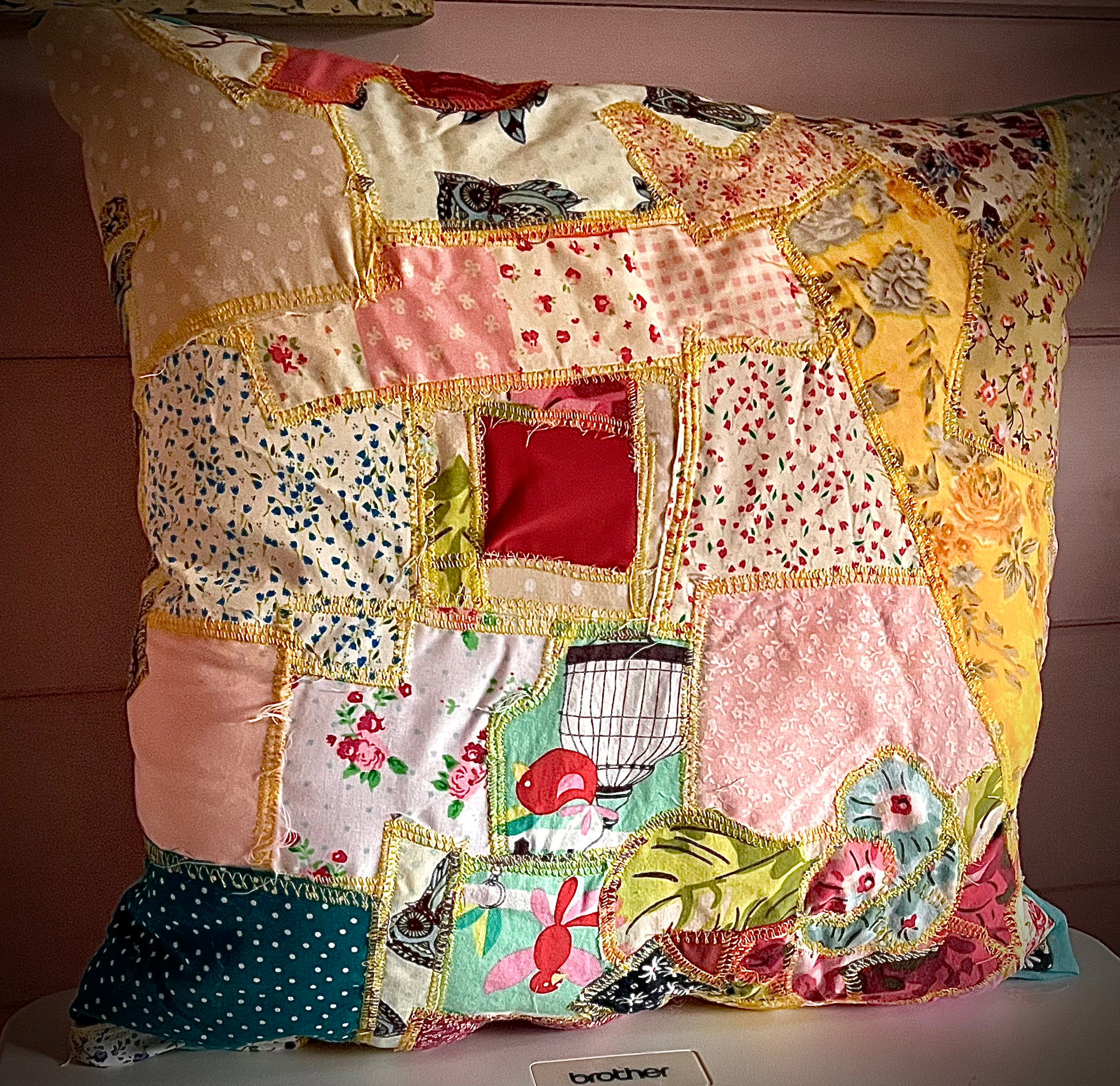 Funky Scrap Fabric Cushion – Bright Patchwork Design with Plain Blue Back image 0