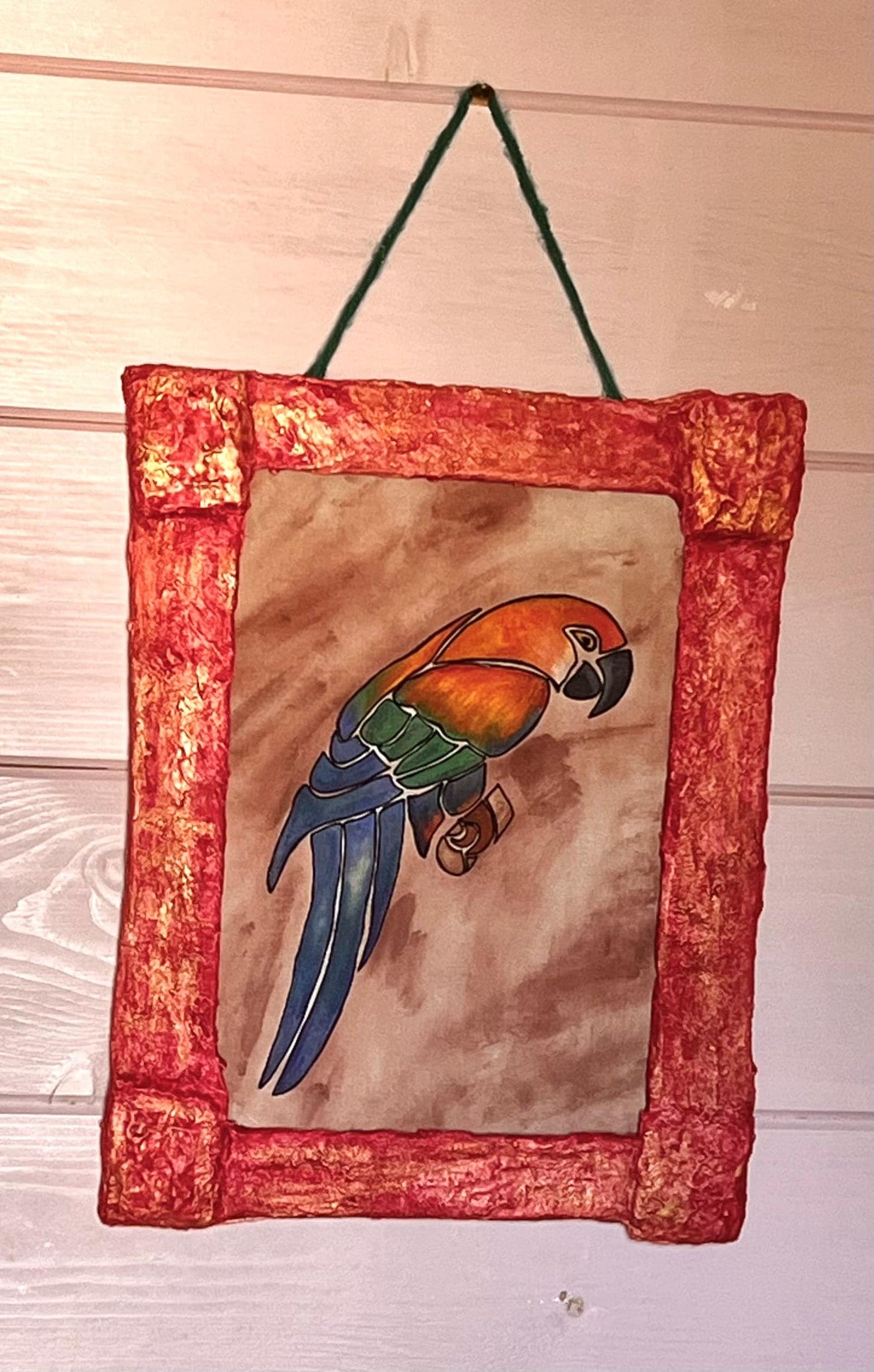 Hand-Painted Parrot on Fabric | Vintage-Style Upcycled Frame | Eco Wall Art image 0