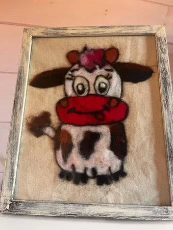 Cute Needle Felted Cow in Upcycled Frame | Handmade Wool Farmhouse Wall Art image 0