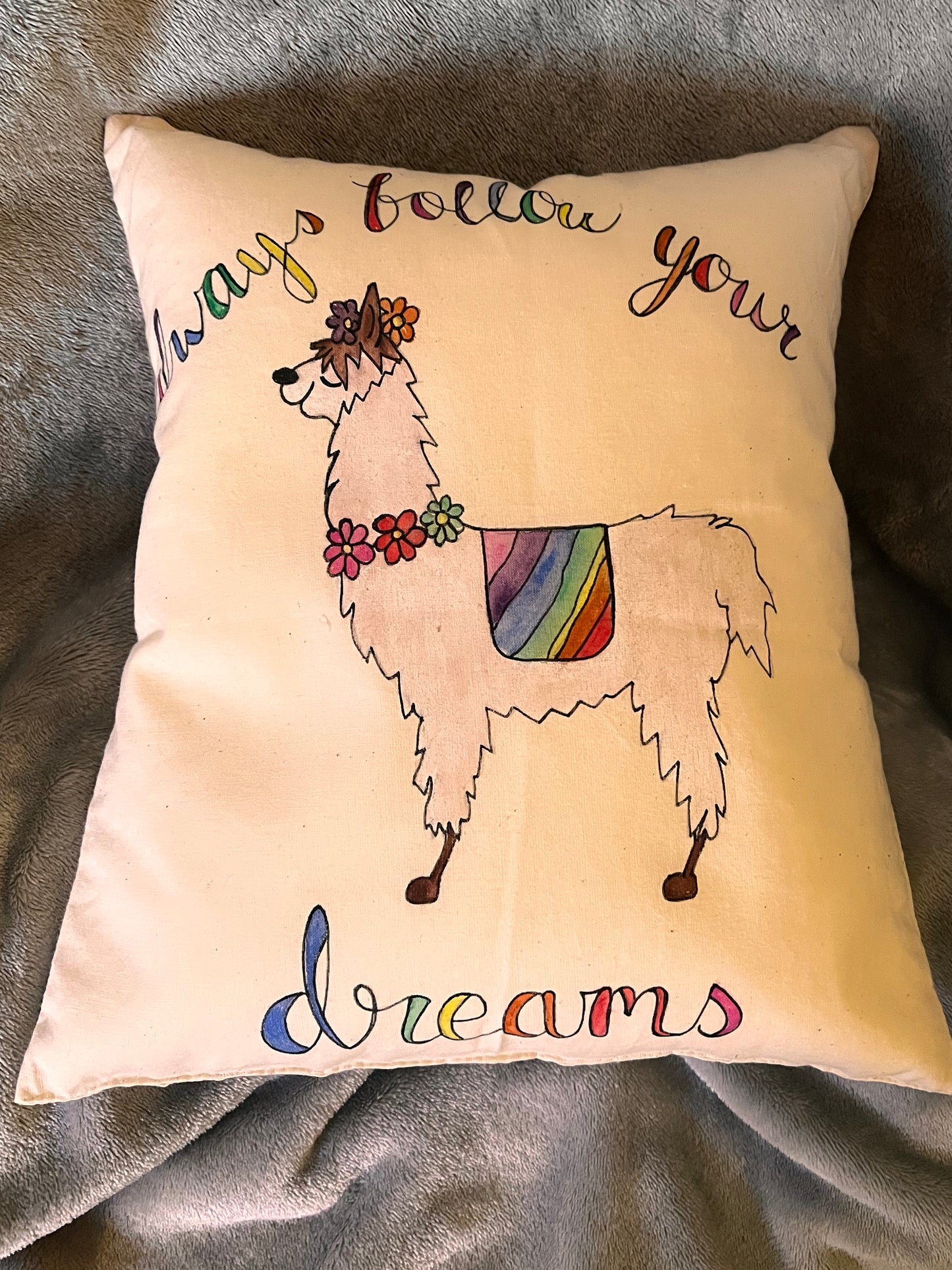 Always Follow Your Dreams Llama Cushion – Hand-Painted & Unique Gift image 0