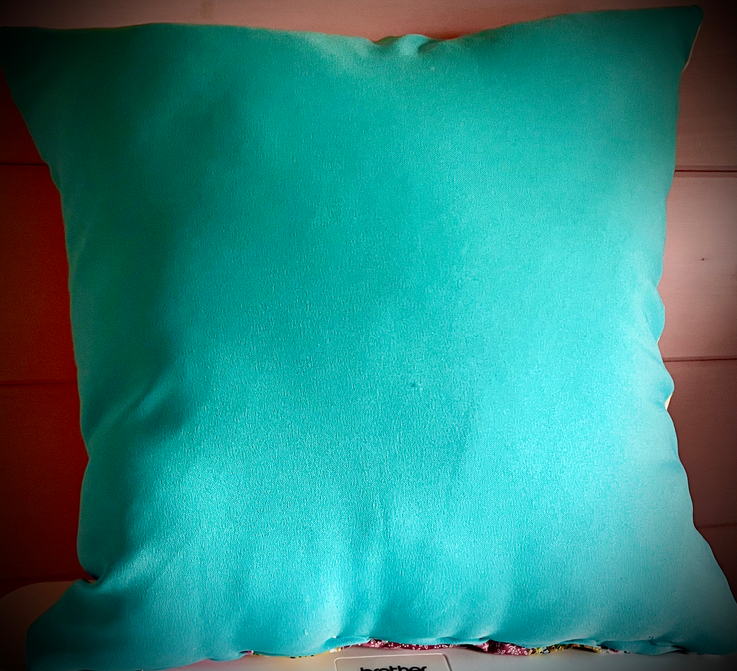 Funky Scrap Fabric Cushion – Bright Patchwork Design with Plain Blue Back image 5